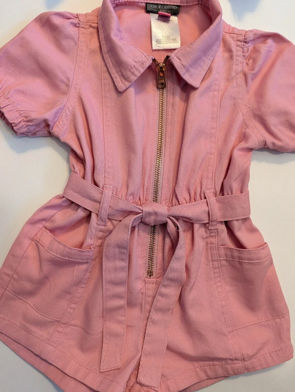 Vince Camuto Light Pink Zip-Front Short Romper with Waist Tie And Bows Size 2T